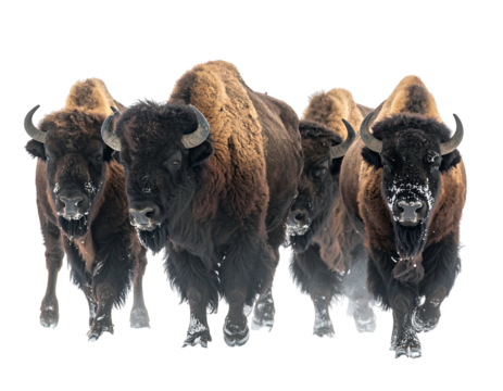 A herd of bison running through a snowy field, dark fur and horns contrast against the white ground