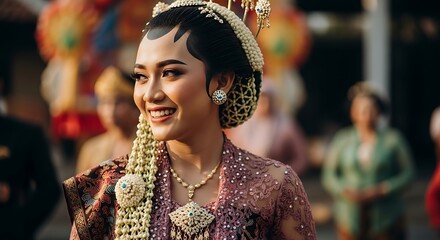 A closeup portrait of a happy Javanese woman smiling warmly, wearing traditional kebaya with intricate batik patterns, natural light highlighting her face, ultra detailed and authentic, 8k resolution