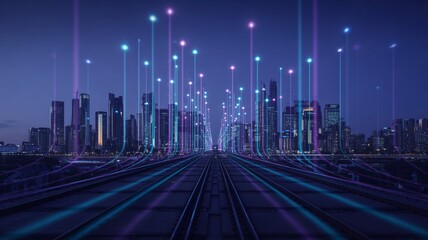Futuristic city skyline with digital data streams at night