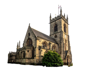 Gothic church building, warm stone, tall spire with flag atop, surrounded by green bush, against black background