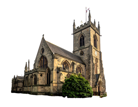 Gothic church building, warm stone, tall spire with flag atop, surrounded by green bush, against black background