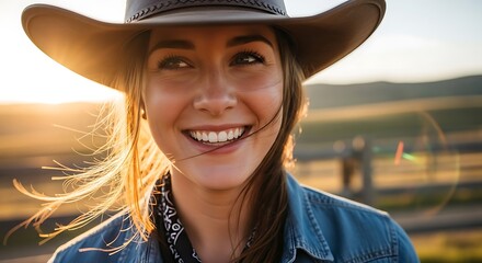 A joyful woman in cowboy attire laughing outdoors, closeup showing her hat, plaid shirt, and warm natural lighting, rustic western vibe, 8k
