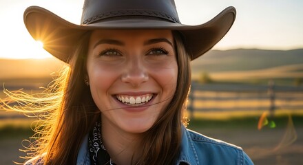 A joyful woman in cowboy attire laughing outdoors, closeup showing her hat, plaid shirt, and warm natural lighting, rustic western vibe, 8k
