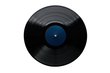 Black vinyl record with blue center isolated on a transparent background