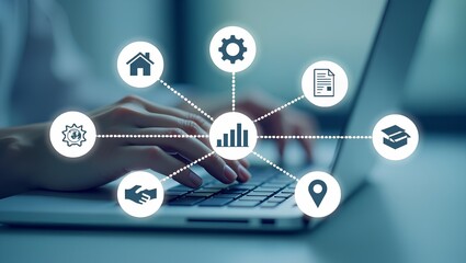 A close-up of hands typing on a laptop keyboard is digitally composited with seven circular icons representing business concepts, connected by a dotted line.