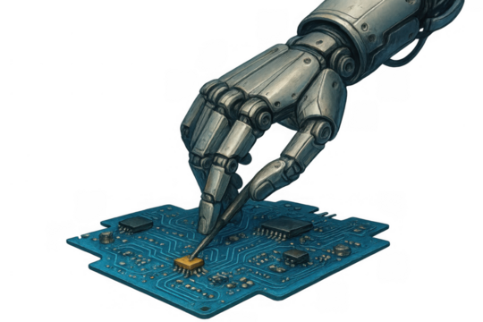Robot hand assembling microchip on circuit board, creating artificial intelligence and advanced technology