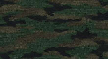 A detailed closeup of green and brown camouflage army fabric pattern, sharp textile texture and stitching visible, ultra realistic, 8k resolution
