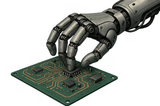Robot hand building a circuit board, integrating technology and artificial intelligence components, transparent background