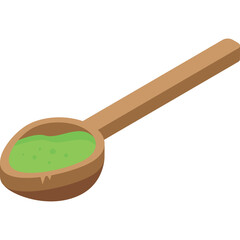 Wooden spoon filled with light green powder ingredient isolated on transparent background isometric view
