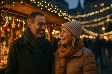 Joyful couple at festive market