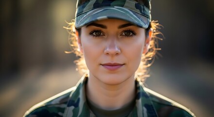 A portrait of a young woman in army camouflage uniform, soft smile and natural outdoor light, realistic skin texture and fabric details, 8k
