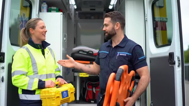 Ambulance Crew Standing Near Open Emergency Vehicle Rear Doors