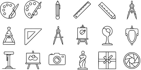 Art and Design Outline Icons Set. Vector collection of creative tools, drawing instruments, painting supplies, sculptures, photography equipment, and awards in simple line art style.