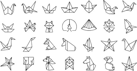 Origami Icons Set: Geometric Folding Art and Craft Symbols