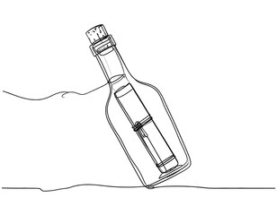 A line drawing of a bottle with a message inside, drifting on water against a dark background