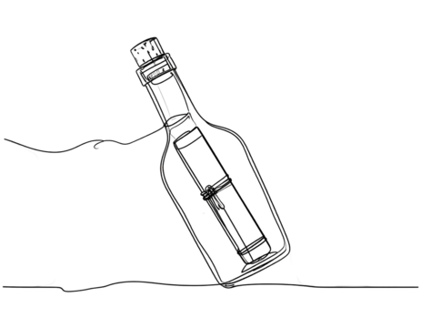 A line drawing of a bottle with a message inside, drifting on water against a dark background