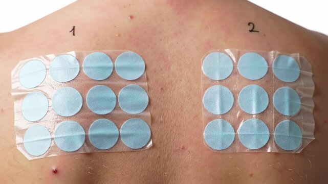 Back Skin Test Patch Testing for Allergies with Blue Dots on White Background