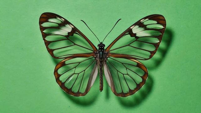 Close up of a glasswing butterfly with transparent wings on a green colored background butterfly green screen video