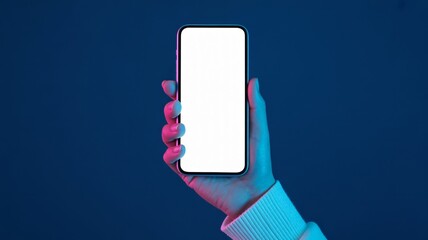 Modern hand holding smartphone with blank screen, neon glow