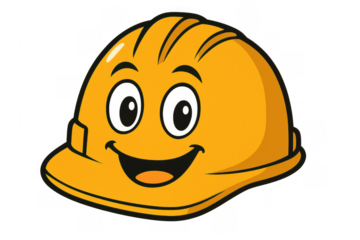 Happy worker safety hard hat cartoon mascot smiling, representing construction industry and protection concepts