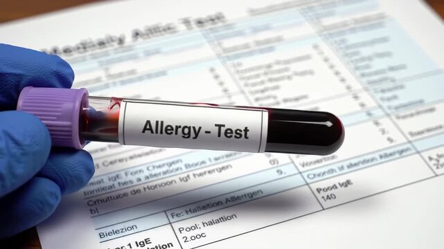 Blood Sample for Allergy Test Held by Blue Gloved Hands on Form