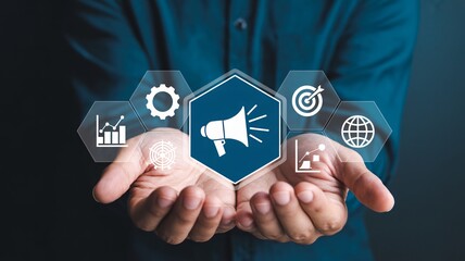 Business growth strategy icons presented by hands