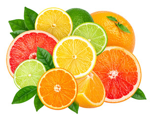 Citrus fruit arrangement. Oranges, lemons, limes, grapefruit and leaves form a colorful appetizing pile