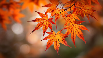 Fiery Autumn Radiance: Backlit Japanese Maple Leaves with Dreamy Bokeh.