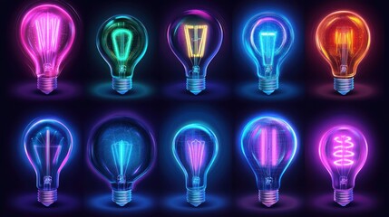 Set of colorful glowing light bulbs