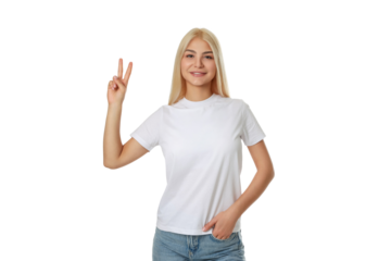 Woman smiling and holding peace sign with white t-shirt, isolated, PNG