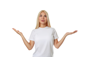 Woman with open hands invites ad mockup ideas, isolated, PNG