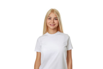 Smiling woman in white tee with long blonde hair, isolated, PNG