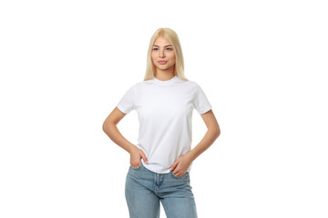 Obraz premium Woman in white t-shirt and jeans posed hands on hips, isolated, PNG