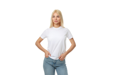 Woman in white t-shirt and jeans posed hands on hips, isolated, PNG