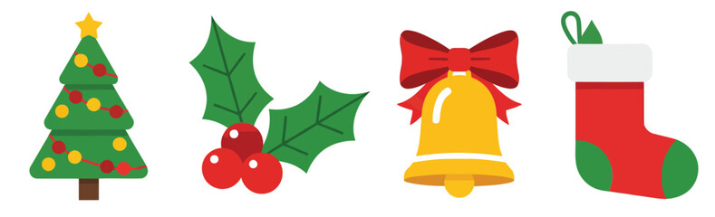 Christmas icon set in flat design style. Collection of holiday vector elements including Christmas tree, holly berry, jingle bell, and stocking for winter celebration design.