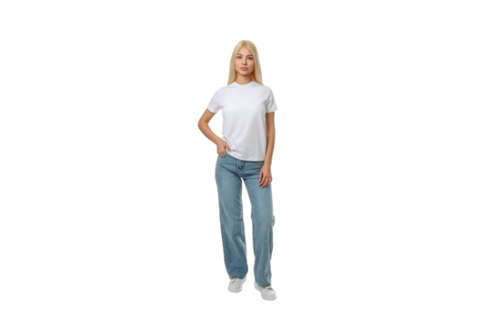 Model in white tee and jeans poses confidently, isolated, PNG