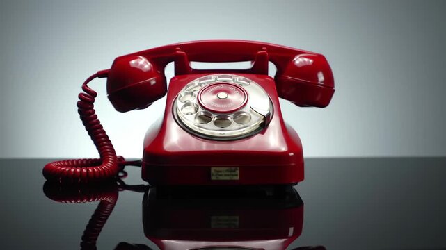 Classic Red Rotary Telephone on Dark Reflective Surface with Grey Gradient Background
