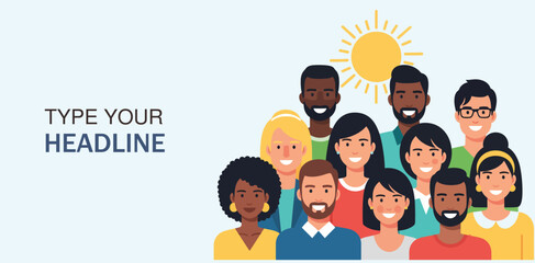 Happy diverse group of people banner template. Multicultural community or team for website header. Flat modern vector illustration with copy space.