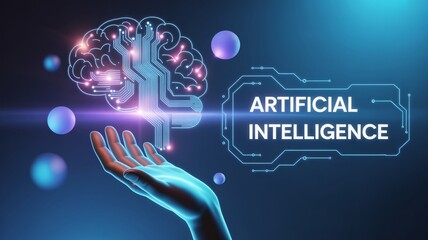 Human hand holds glowing AI brain circuit, futuristic technology concept