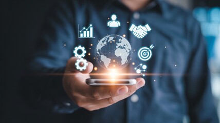 Global business growth and success icons emerge from smartphone