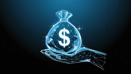 Digital hand holds glowing money bag with dollar sign, finance concept