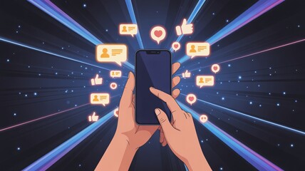 Engage with digital world, scrolling phone with social media icons