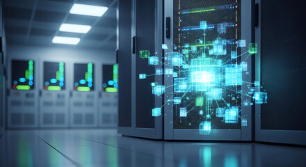Abstract visualization of advanced data processing with a glowing digital network hub emerging from a server rack in a modern data center