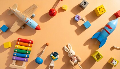 A Playful Assortment of Wooden Toys and Playthings on a Uniform Background