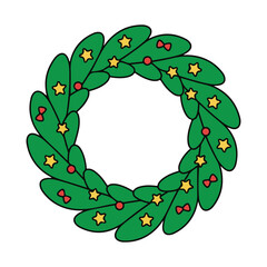 Cute green christmas wreath with yellow stars vector illustration, festive xmas holiday decoration design isolated