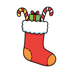 Christmas stocking filled with gifts and candy cane cartoon vector, cute xmas holiday decoration illustration