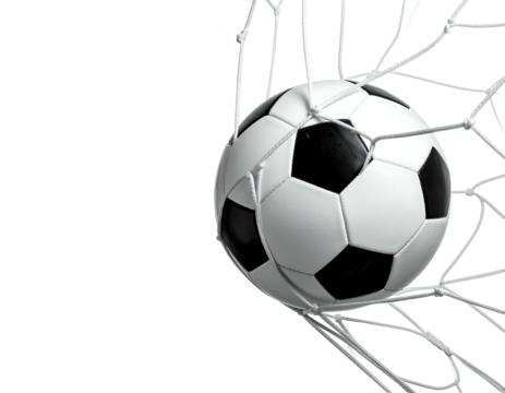 Soccer ball captured in a net, a dynamic shot against a black background