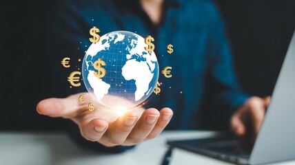 Global finance growth concept businessman holding world with currency symbols
