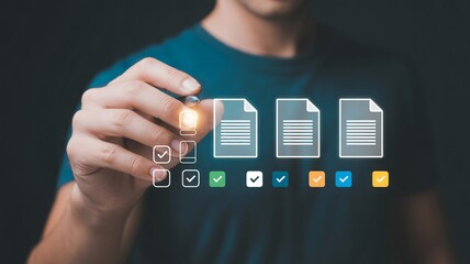 Man selecting tasks from digital checklist, planning success