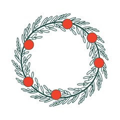 Hand drawn christmas leaf wreath with red berries vector, minimalist xmas holiday decoration illustration